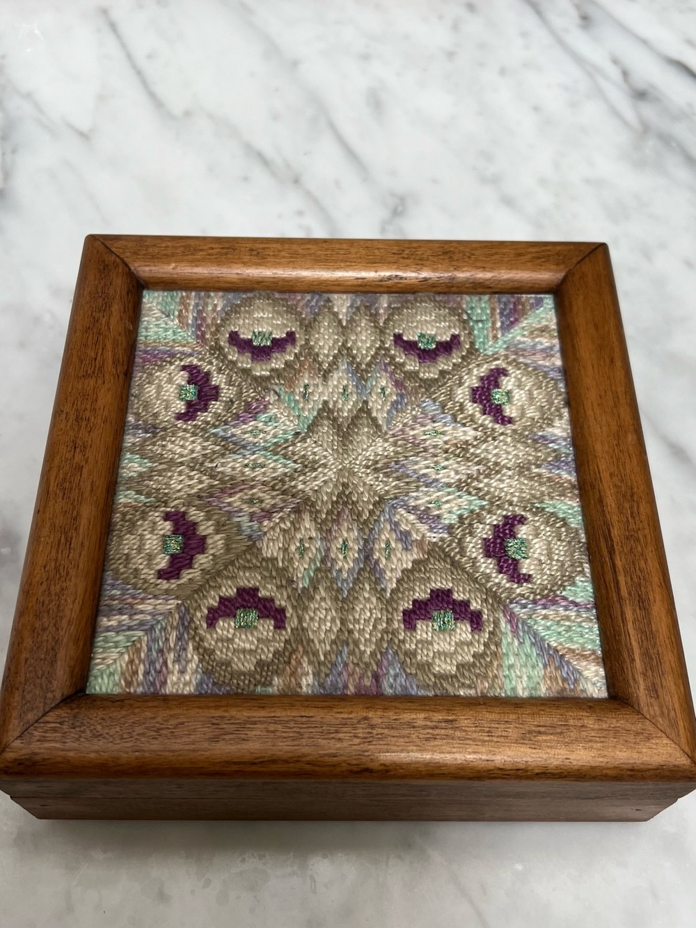 Vintage Wooden Keepsake Box with Hand-Stitched Four-Way Bargello Needlepoint Top